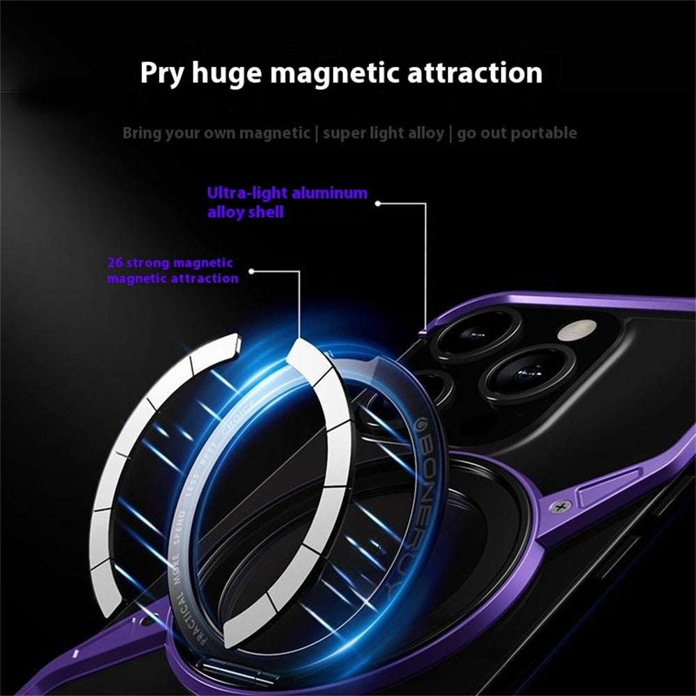 For iPhone 14 Pro Bumper Phone Case Rotary Ring Kickstand Aluminium Alloy S-Shape Magnetic Cover