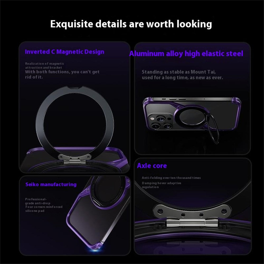 For iPhone 14 Pro Bumper Phone Case Rotary Ring Kickstand Aluminium Alloy S-Shape Magnetic Cover