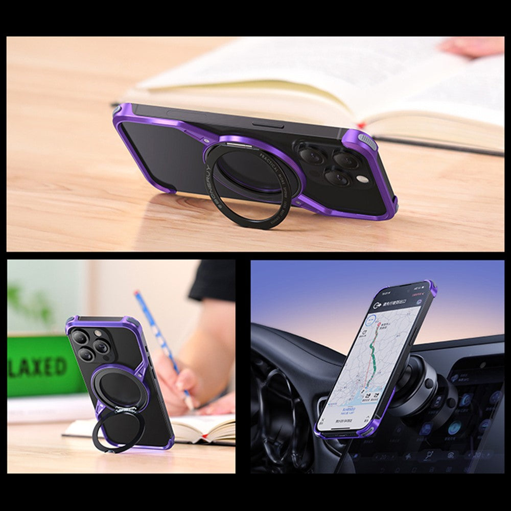 For iPhone 14 Pro Bumper Phone Case Rotary Ring Kickstand Aluminium Alloy S-Shape Magnetic Cover