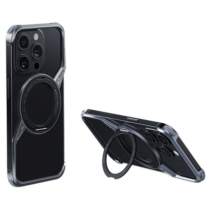 For iPhone 14 Pro Bumper Phone Case Rotary Ring Kickstand Aluminium Alloy S-Shape Magnetic Cover
