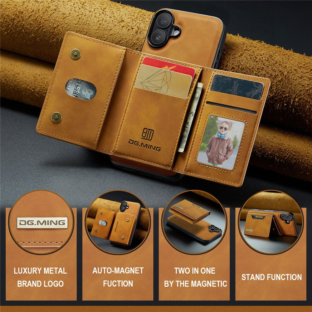 DG.MING M2 Series for iPhone 16 Case PU+PC+TPU Phone Cover Detachable Wallet