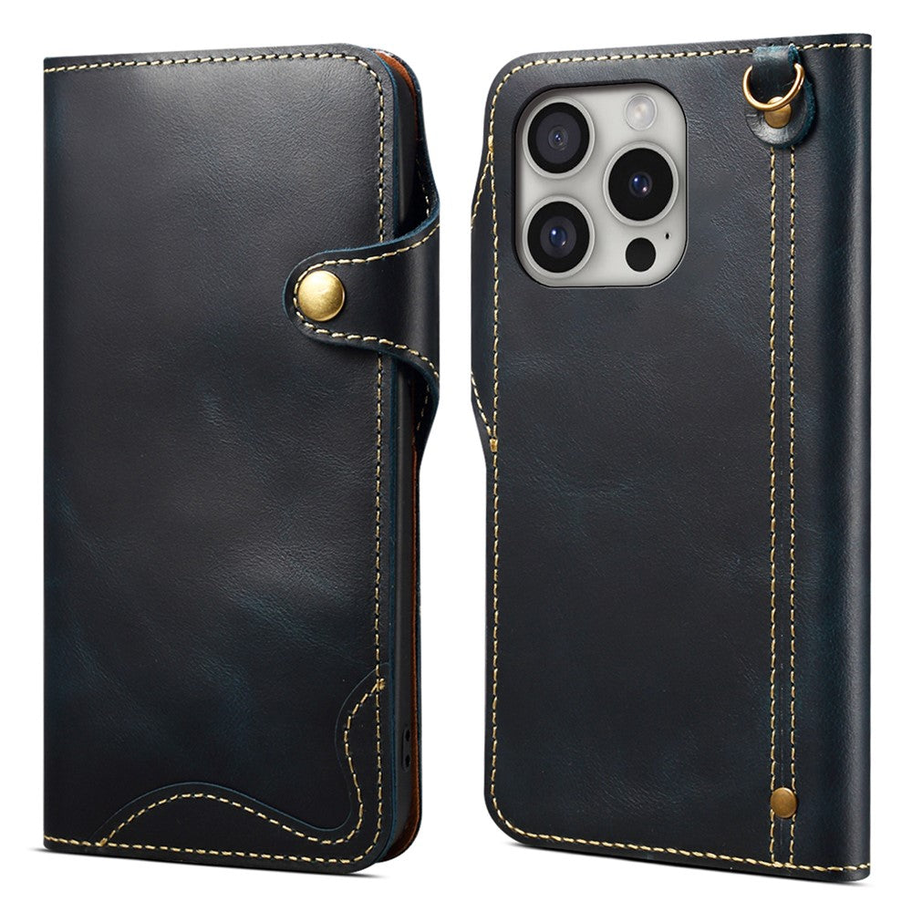 For iPhone 16 Pro Max Case Waxy Genuine Cow Leather Phone Wallet Shockproof Cover