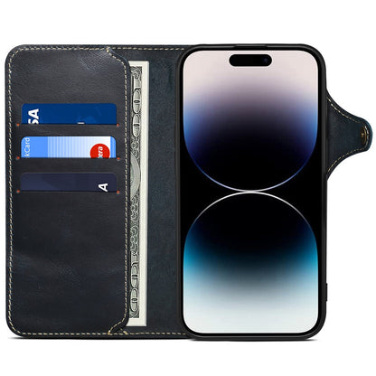 For iPhone 16 Pro Max Case Waxy Genuine Cow Leather Phone Wallet Shockproof Cover