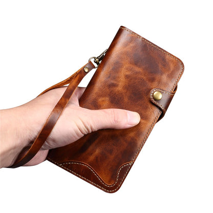 For iPhone 16 Pro Max Case Waxy Genuine Cow Leather Phone Wallet Shockproof Cover