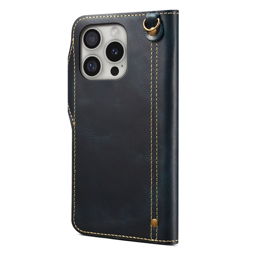 For iPhone 16 Pro Max Case Waxy Genuine Cow Leather Phone Wallet Shockproof Cover