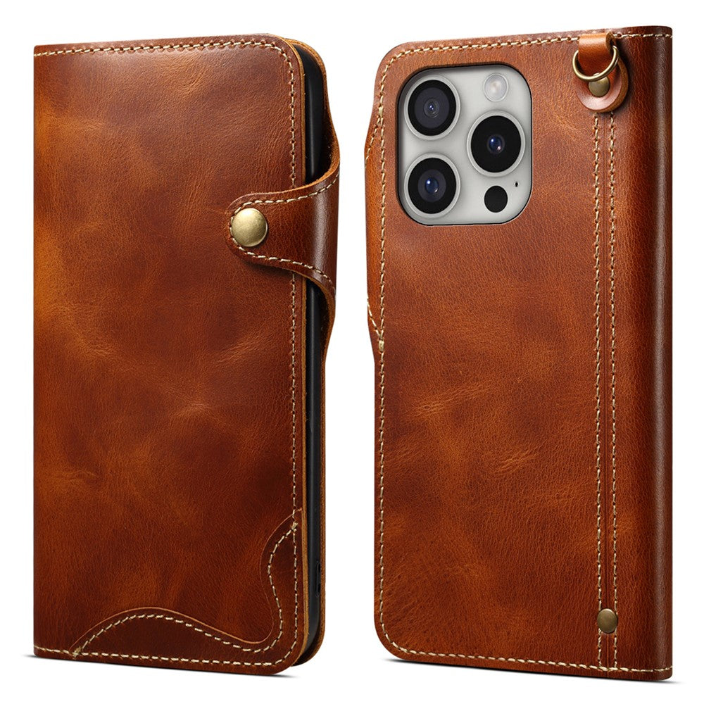 For iPhone 16 Pro Max Case Waxy Genuine Cow Leather Phone Wallet Shockproof Cover