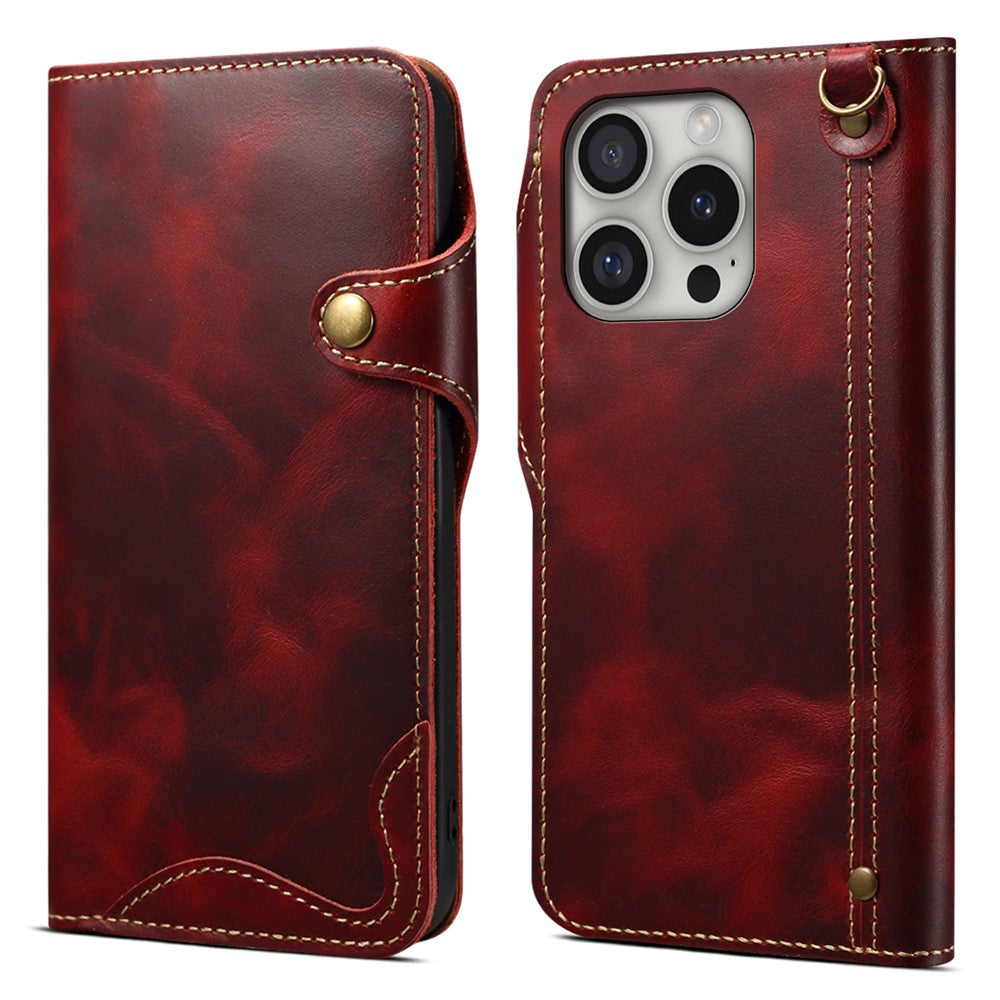 For iPhone 16 Pro Max Case Waxy Genuine Cow Leather Phone Wallet Shockproof Cover