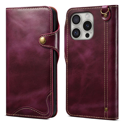 For iPhone 16 Pro Max Case Waxy Genuine Cow Leather Phone Wallet Shockproof Cover