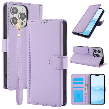 SY-003 For iPhone 14 Pro Case PU Leather Stand View Phone Wallet Cover with Hand Strap