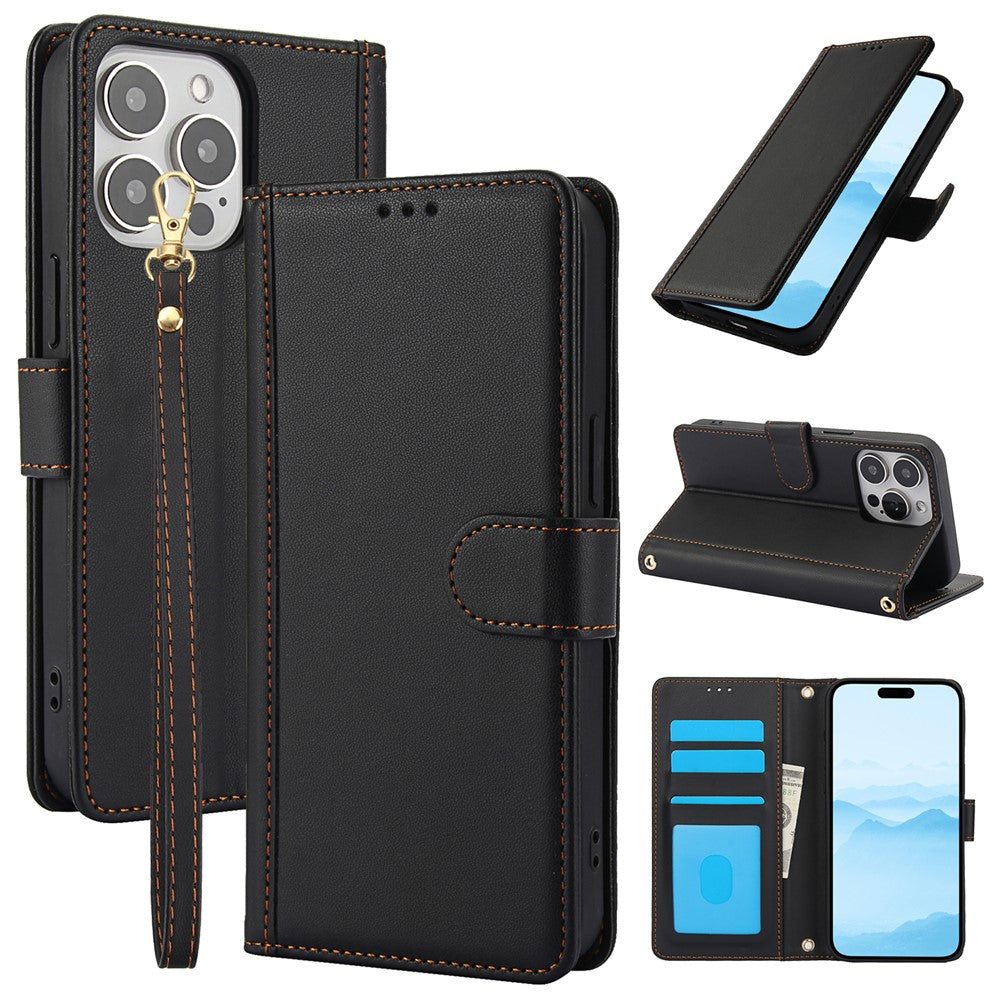 SY-003 For iPhone 14 Pro Case PU Leather Stand View Phone Wallet Cover with Hand Strap