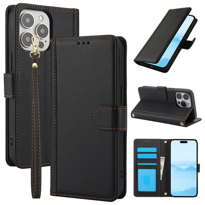 SY-003 For iPhone 14 Pro Case PU Leather Stand View Phone Wallet Cover with Hand Strap