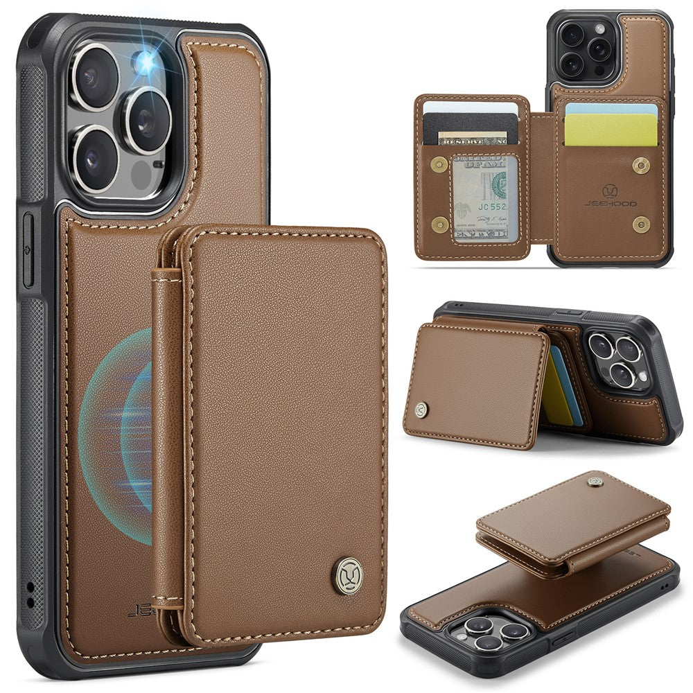 JEEHOOD J05 For iPhone 16 Pro Case Leather Mobile Cover with Detachable Magnetic Card Bag