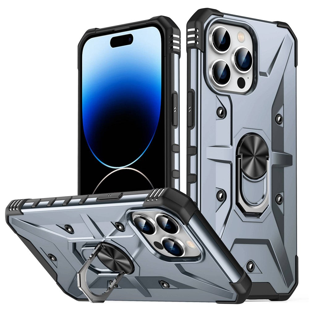 For iPhone 14 Pro Max Armor Case Hard PC Soft TPU Impact-Resistant Protective Cover with Ring Kickstand