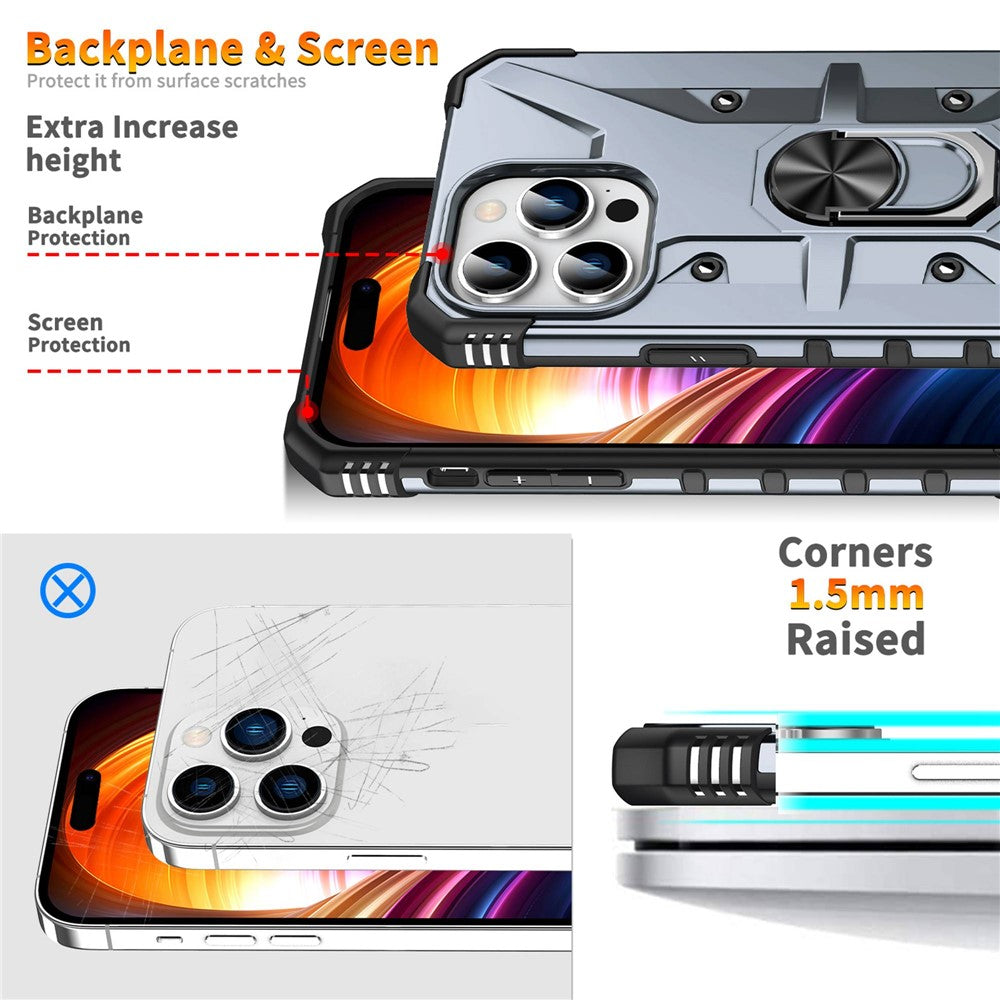 For iPhone 14 Pro Max Armor Case Hard PC Soft TPU Impact-Resistant Protective Cover with Ring Kickstand