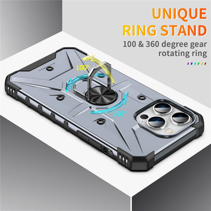 For iPhone 14 Pro Max Armor Case Hard PC Soft TPU Impact-Resistant Protective Cover with Ring Kickstand