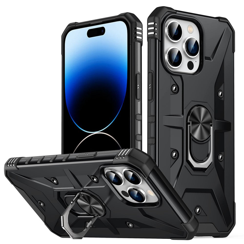 For iPhone 14 Pro Max Armor Case Hard PC Soft TPU Impact-Resistant Protective Cover with Ring Kickstand