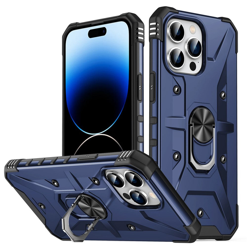 For iPhone 14 Pro Max Armor Case Hard PC Soft TPU Impact-Resistant Protective Cover with Ring Kickstand