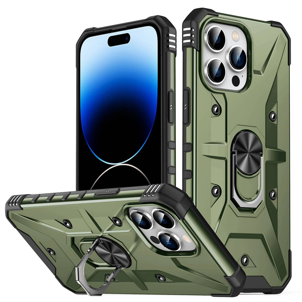 For iPhone 14 Pro Max Armor Case Hard PC Soft TPU Impact-Resistant Protective Cover with Ring Kickstand