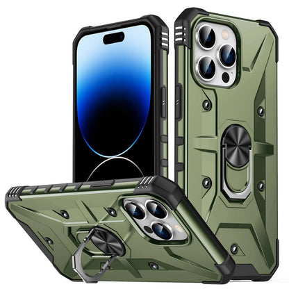 For iPhone 14 Pro Max Armor Case Hard PC Soft TPU Impact-Resistant Protective Cover with Ring Kickstand