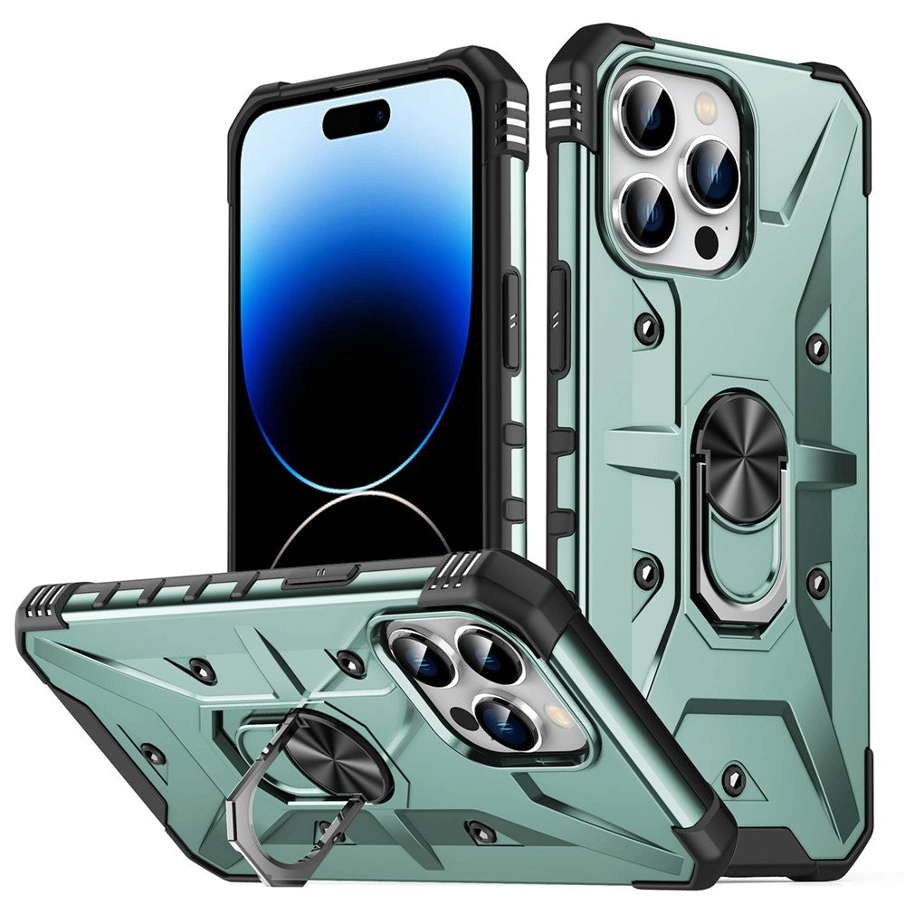 For iPhone 14 Pro Max Armor Case Hard PC Soft TPU Impact-Resistant Protective Cover with Ring Kickstand