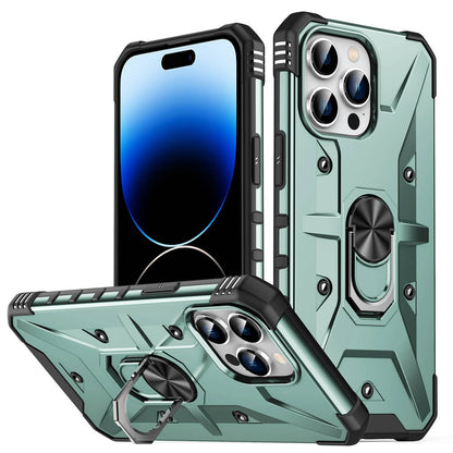 For iPhone 14 Pro Max Armor Case Hard PC Soft TPU Impact-Resistant Protective Cover with Ring Kickstand