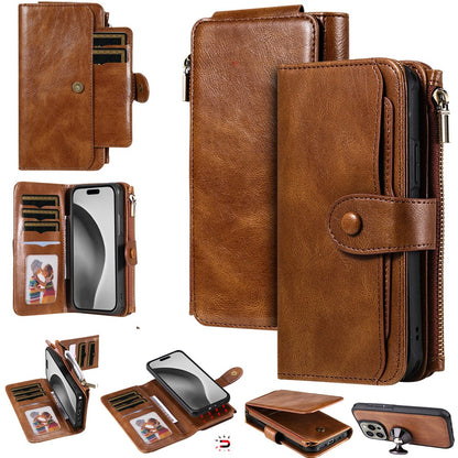 For iPhone 16 Pro Magnetic Case Detachable PU Leather Zipper Wallet Cover