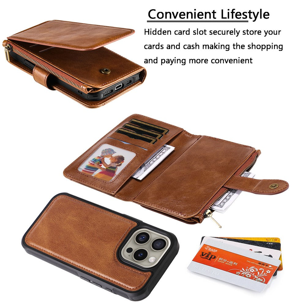 For iPhone 16 Pro Magnetic Case Detachable PU Leather Zipper Wallet Cover