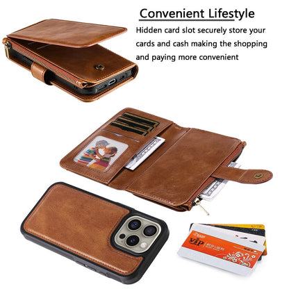 For iPhone 16 Pro Magnetic Case Detachable PU Leather Zipper Wallet Cover