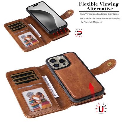 For iPhone 16 Pro Magnetic Case Detachable PU Leather Zipper Wallet Cover