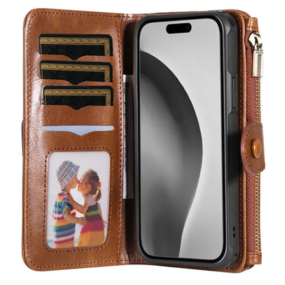 For iPhone 16 Pro Magnetic Case Detachable PU Leather Zipper Wallet Cover