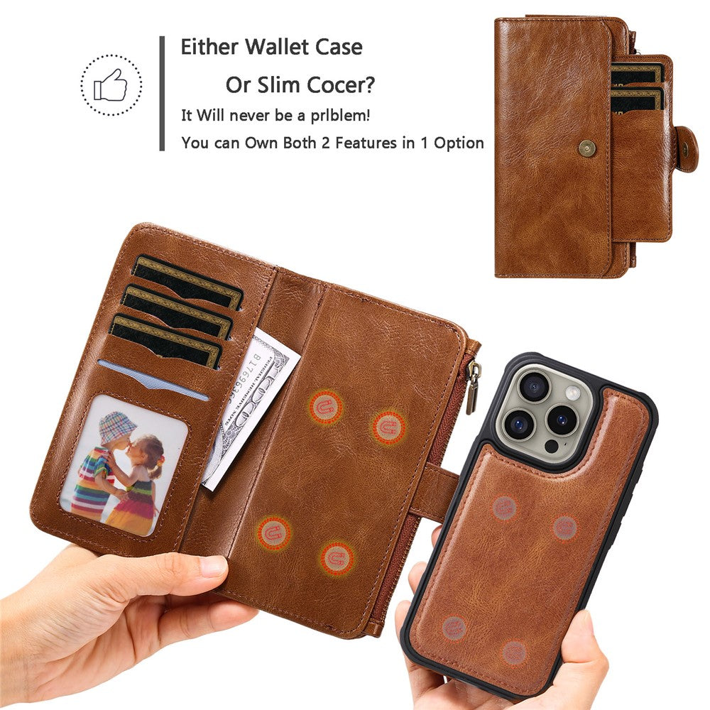 For iPhone 16 Pro Magnetic Case Detachable PU Leather Zipper Wallet Cover