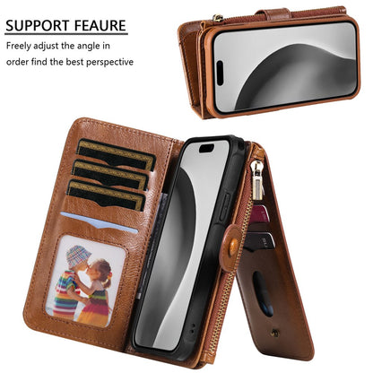 For iPhone 16 Pro Magnetic Case Detachable PU Leather Zipper Wallet Cover