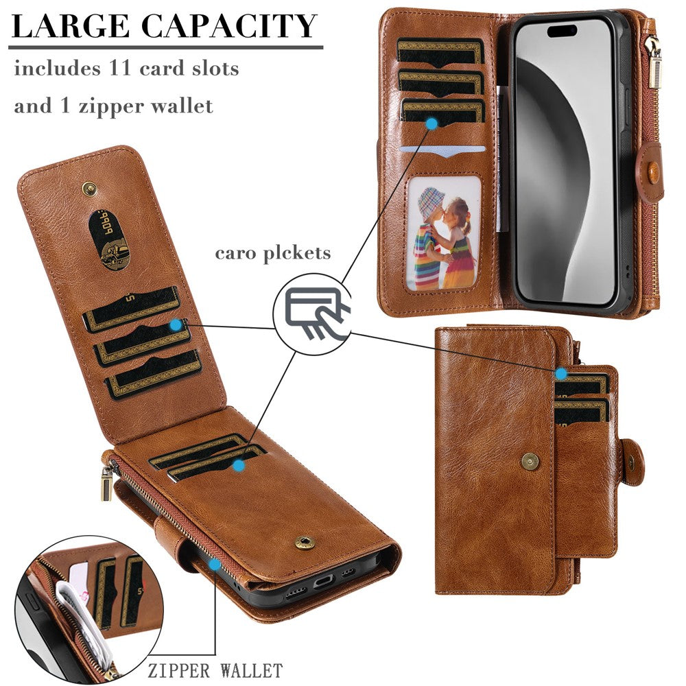 For iPhone 16 Pro Magnetic Case Detachable PU Leather Zipper Wallet Cover