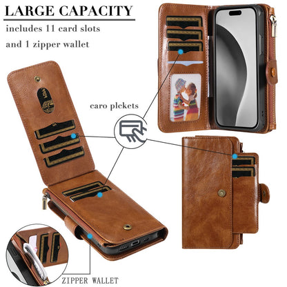 For iPhone 16 Pro Magnetic Case Detachable PU Leather Zipper Wallet Cover