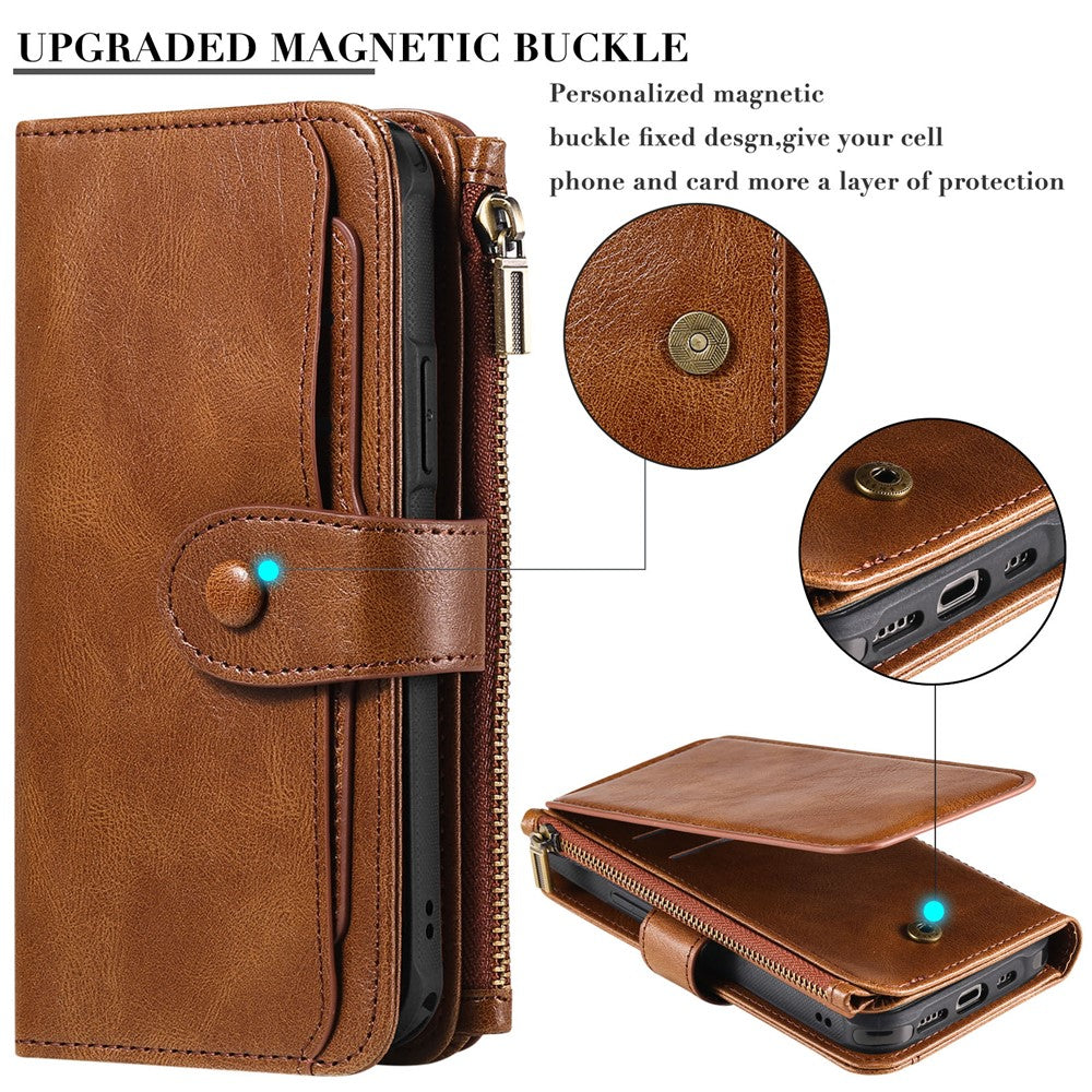 For iPhone 16 Pro Magnetic Case Detachable PU Leather Zipper Wallet Cover