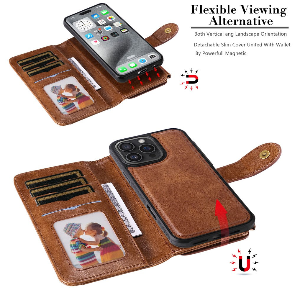 For iPhone 16 Pro Max Magnetic Case Detachable PU Leather Zipper Wallet Cover