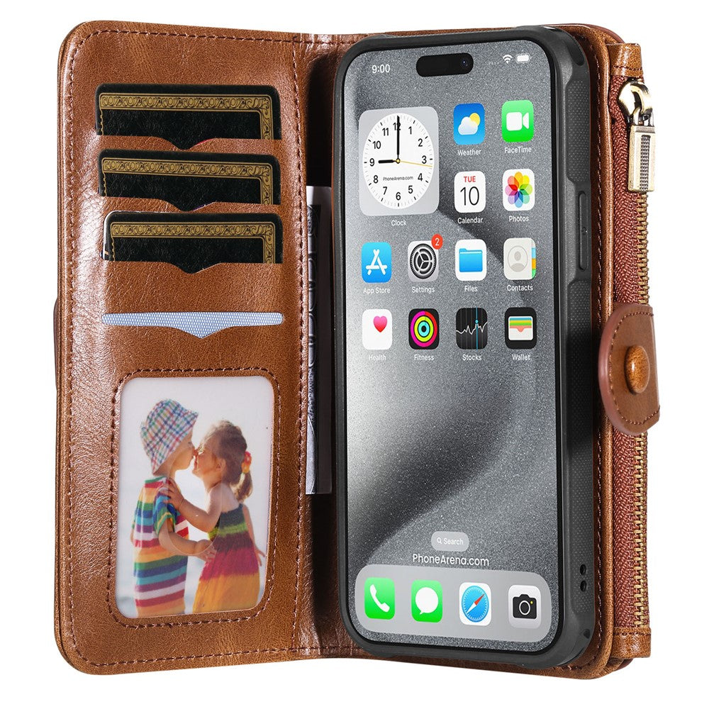 For iPhone 16 Pro Max Magnetic Case Detachable PU Leather Zipper Wallet Cover