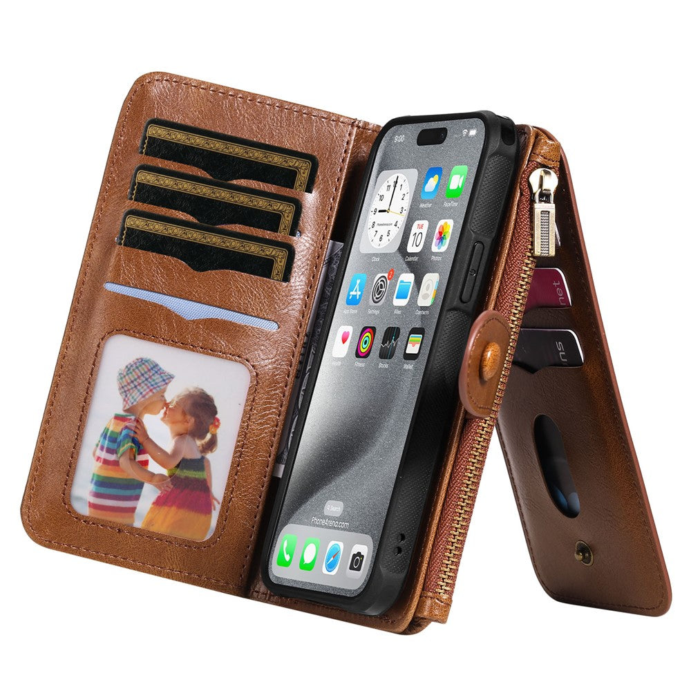 For iPhone 16 Pro Max Magnetic Case Detachable PU Leather Zipper Wallet Cover