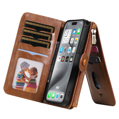 For iPhone 16 Pro Max Magnetic Case Detachable PU Leather Zipper Wallet Cover