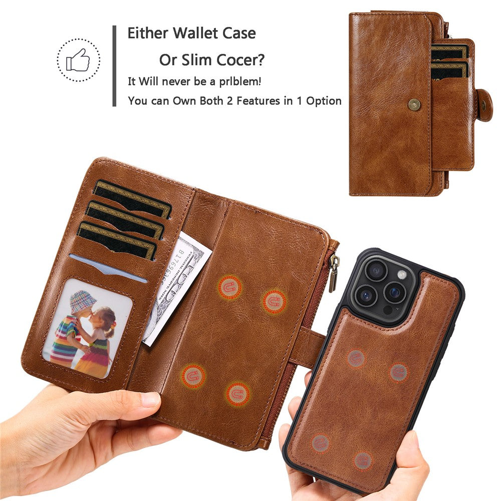 For iPhone 16 Pro Max Magnetic Case Detachable PU Leather Zipper Wallet Cover