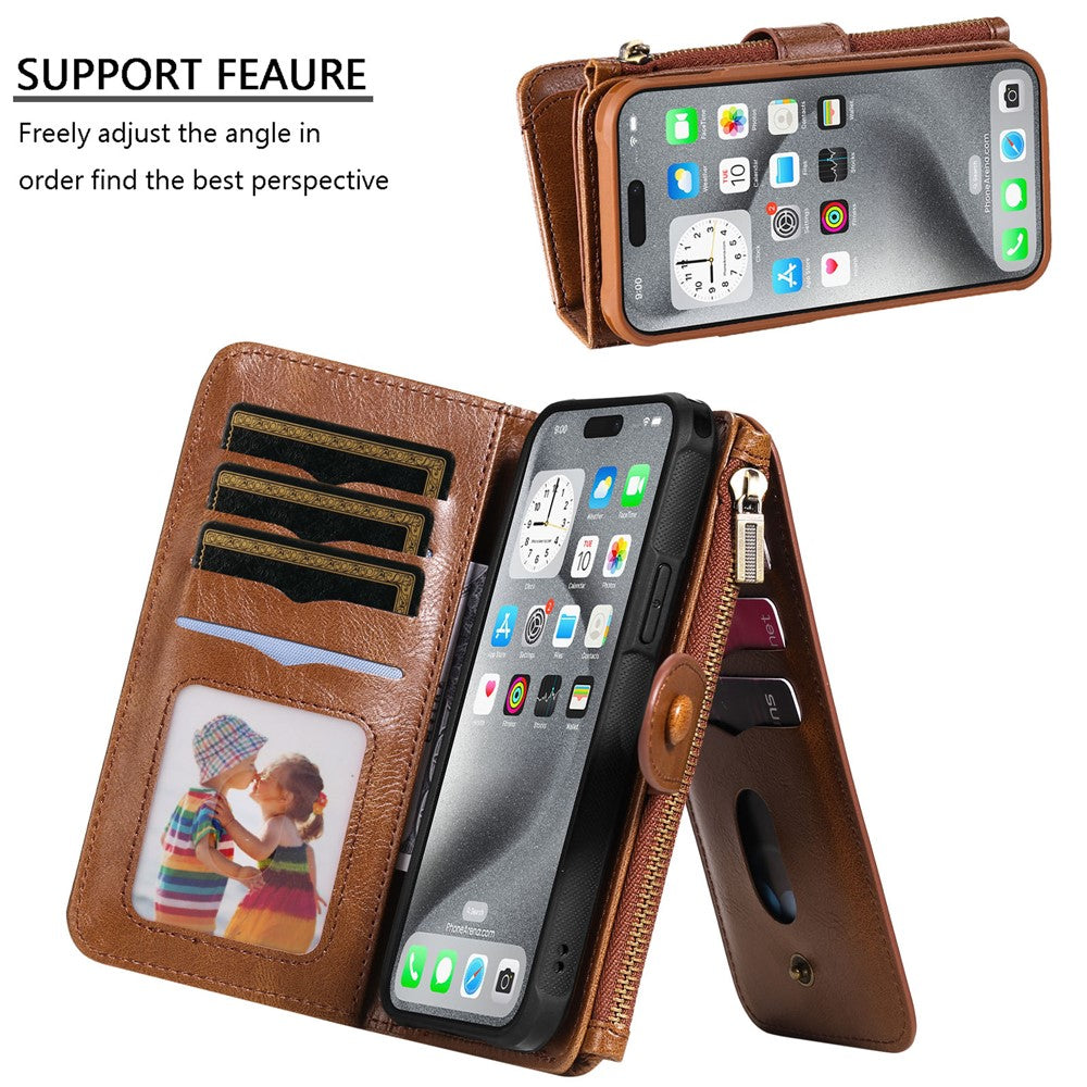 For iPhone 16 Pro Max Magnetic Case Detachable PU Leather Zipper Wallet Cover