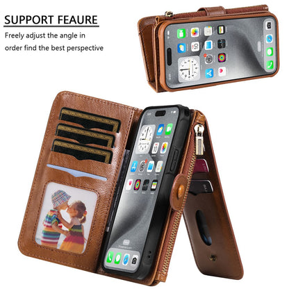 For iPhone 16 Pro Max Magnetic Case Detachable PU Leather Zipper Wallet Cover