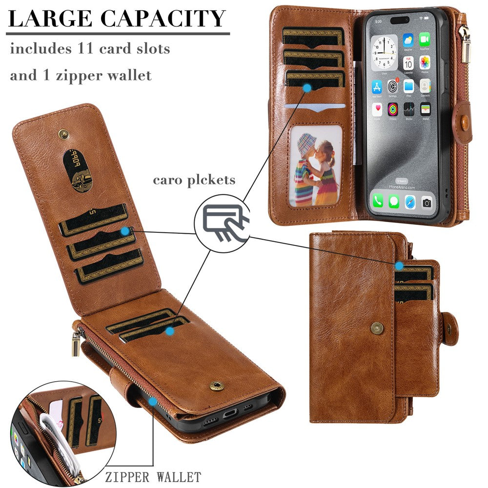 For iPhone 16 Pro Max Magnetic Case Detachable PU Leather Zipper Wallet Cover