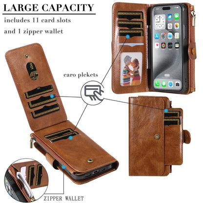 For iPhone 16 Pro Max Magnetic Case Detachable PU Leather Zipper Wallet Cover
