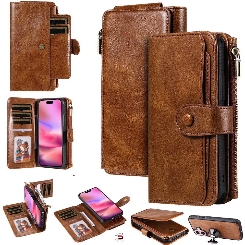 For iPhone 16 Magnetic Case Detachable PU Leather Zipper Wallet Cover