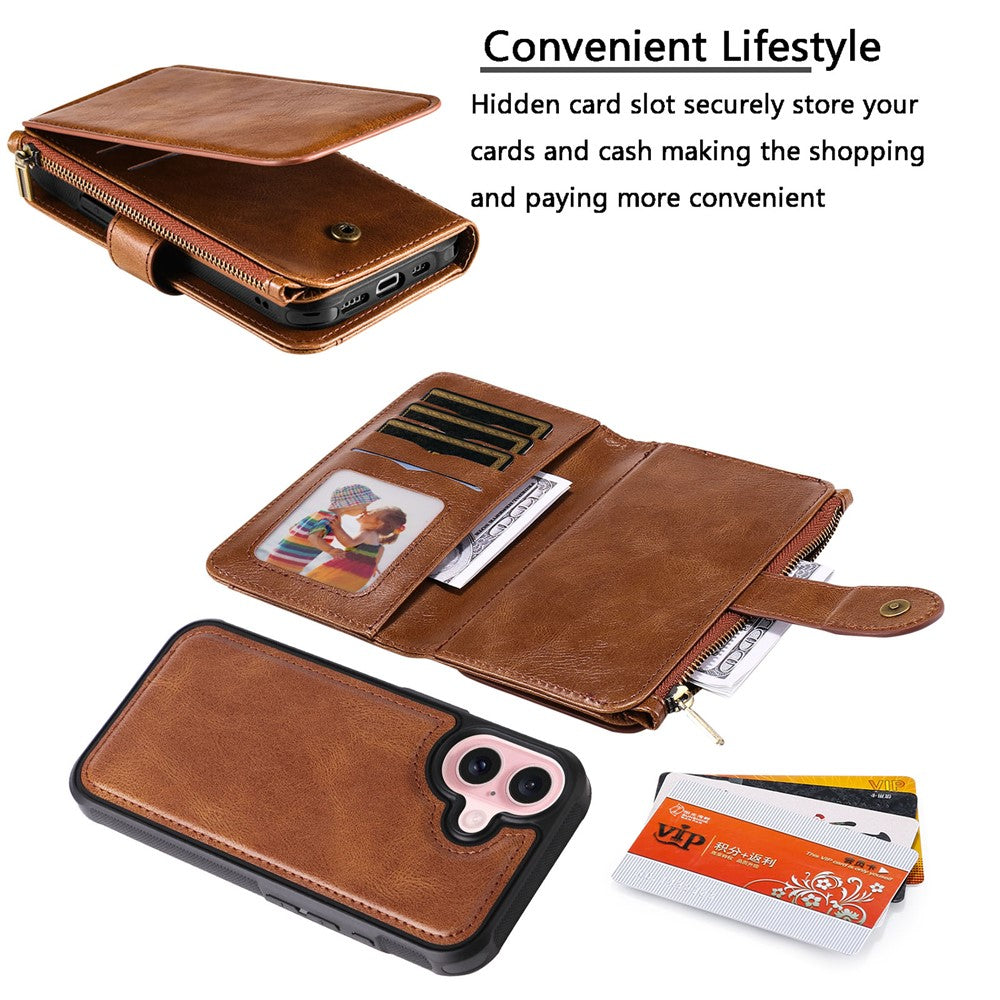 For iPhone 16 Magnetic Case Detachable PU Leather Zipper Wallet Cover
