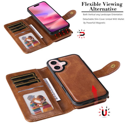 For iPhone 16 Magnetic Case Detachable PU Leather Zipper Wallet Cover