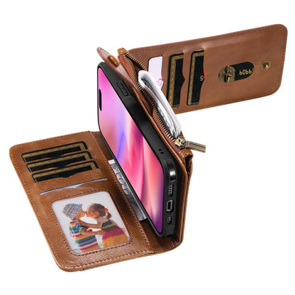 For iPhone 16 Magnetic Case Detachable PU Leather Zipper Wallet Cover