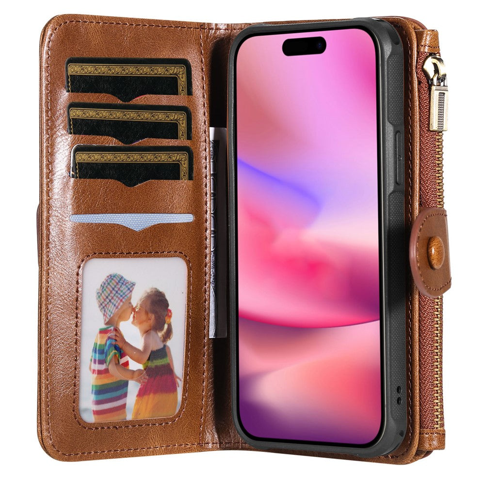 For iPhone 16 Magnetic Case Detachable PU Leather Zipper Wallet Cover