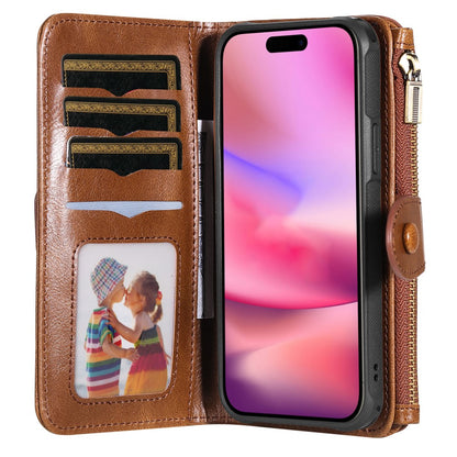 For iPhone 16 Magnetic Case Detachable PU Leather Zipper Wallet Cover